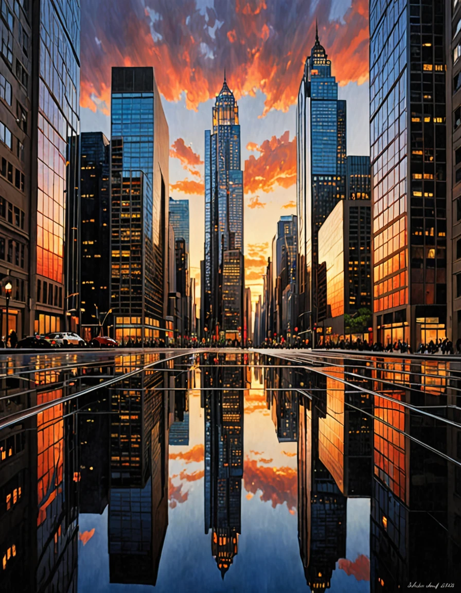 As a preeminent virtuoso of modern art, I envision a masterpiece encapsulating the theme of "reflection" amidst the enchanting scene of a setting sun. Picture this: towering skyscrapers lining the cityscape, their glass-paneled facades acting as canvases for the sun's radiant descent. My prompt calls for the creation of a hyper-realistic illustration where the setting sun is flawlessly reflected and projected onto the windows of these skyscrapers. Each glimmering pane becomes a mirror, capturing the fiery palette of the twilight sky with unparalleled precision. Through meticulous strokes or digital rendering, I shall imbue this composition with a sense of awe and wonder, inviting viewers to immerse themselves in the mesmerizing spectacle of nature's reflection upon the urban landscape.