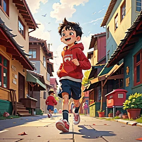 a running boy ，red hoodie，black hair，looking back，school playground，hapiness，rejoice，perfect quality，clear focus（neat - home：0.8...