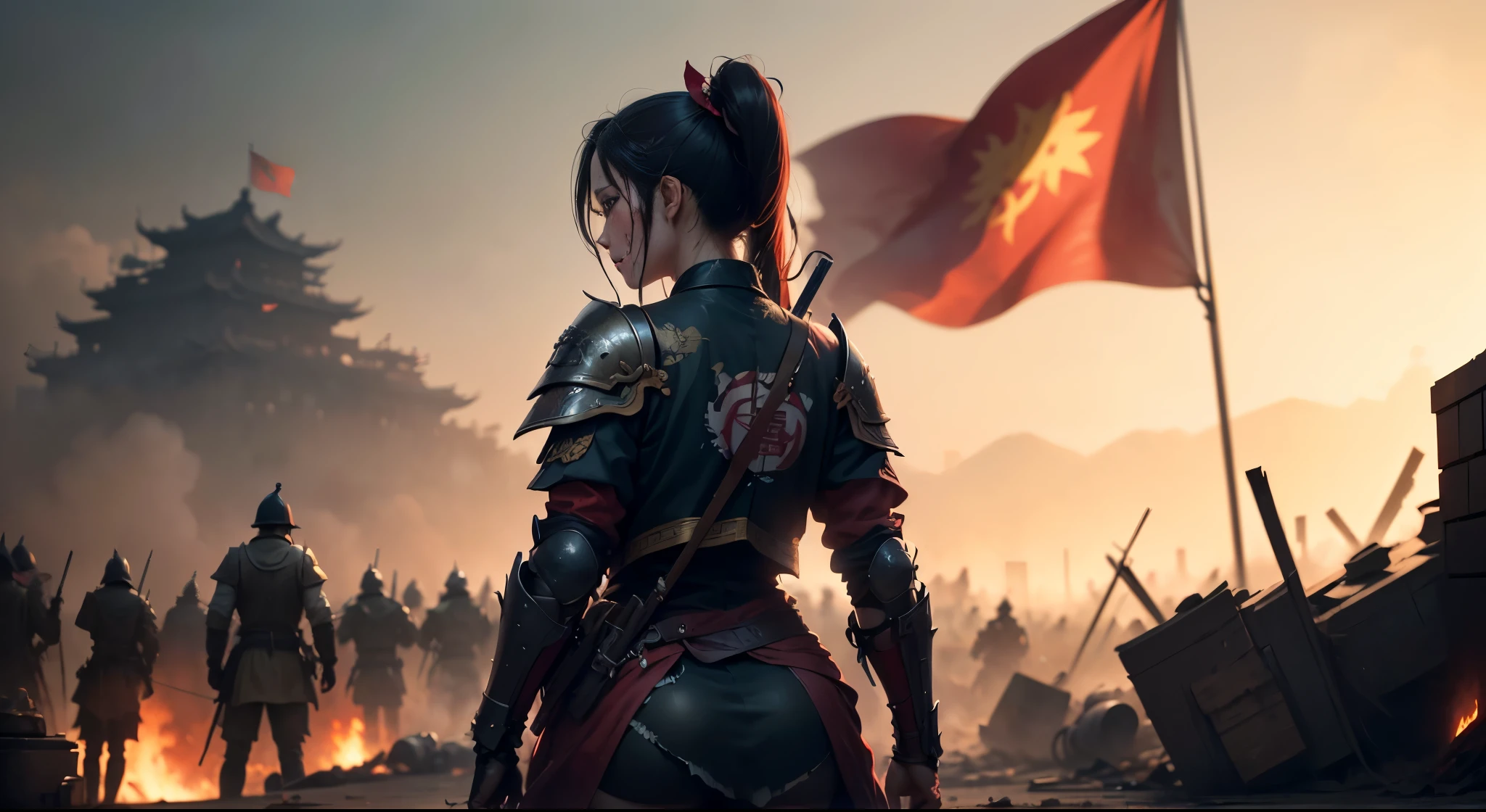 壮大なシーン,（(血みどろの中国の戦場，鎧を着た女性がぼろぼろになった赤い旗を持っている，いたるところに死体，豊富なシーン詳細，戦争の真っ只中))，((8K+超高解像度+超高解像度+傑作+詳細)),(ハイポニーテール)