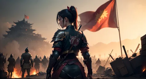 Epic scenes,（(Bloody Chinese battlefield，A woman in armor holds a tattered red flag，Corpses everywhere，Rich scene details，in the...