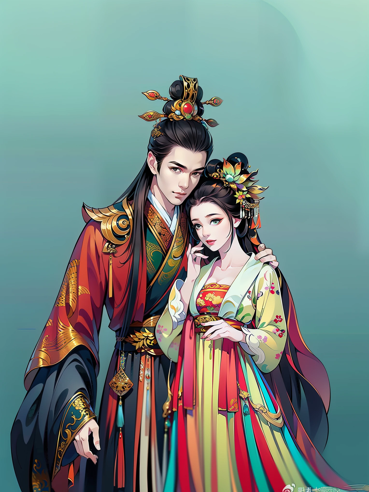 （masterpiece，super detailed，HD details，highly detailed art）1 male 1 female，couple, Half body，xianxia、，elegant，Highly detailed character designs from East Asia，Game character costume design，Simple，ultra high resolution, sharp focus, epic work, masterpiece, (Very detailed CG unified 8k wallpaper)，pretty face，beautiful eyes，HD details