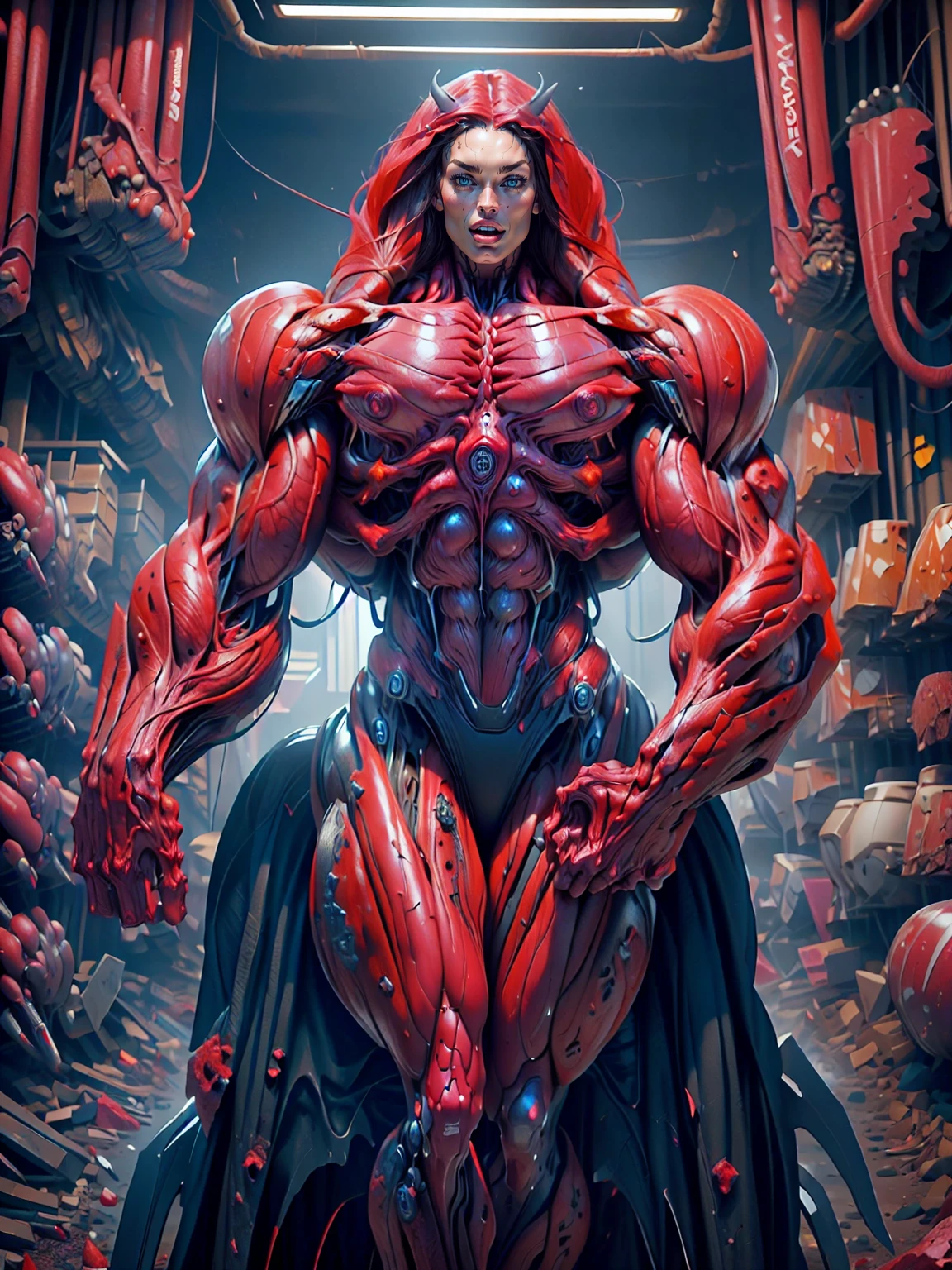 (1 girl), (megan fox:1.25), (long red hair), (carnage skinless physique:1.25), (1 super muscular undead skinless succubus with gigantic horns:1.25), (covered in red necrotic rotting skinless muscle:1.25), (exposed muscles & veins everywhere:1.25), (perfect fingers:1.25),(8k, RAW photo, photorealistic:1.25), dark horrific scary atmosphere, hellish landscape, Hellraiser like atmosphere,