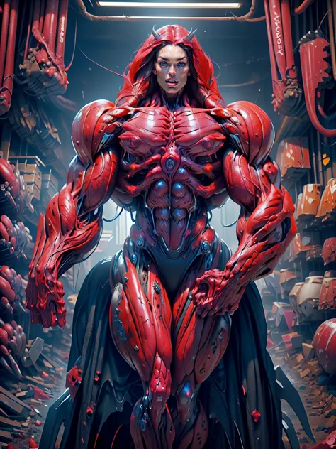 (1 girl), (megan fox:1.25), (long red hair), (carnage skinless physique:1.25), (1 super muscular undead skinless succubus with g...