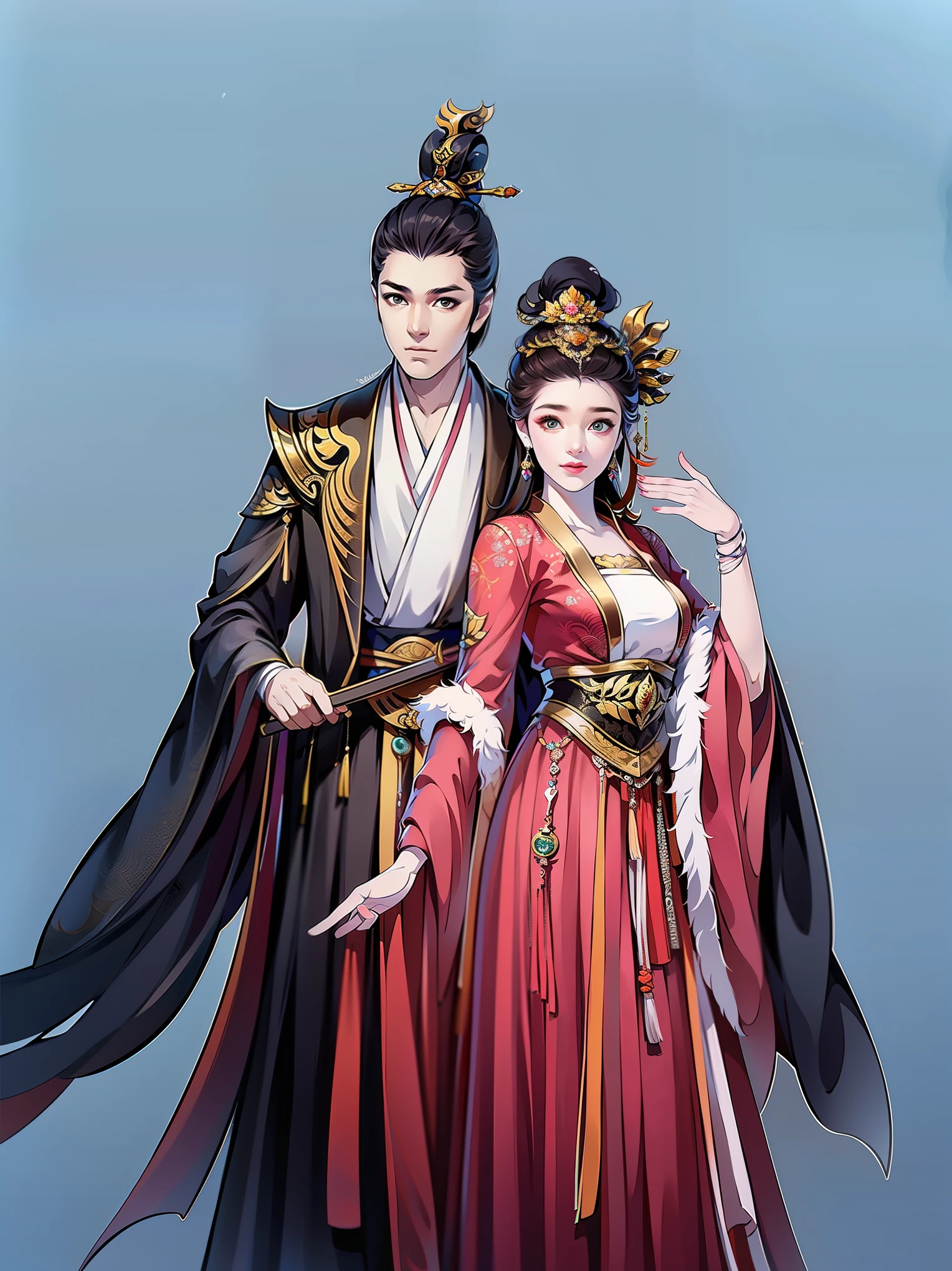 （masterpiece，super detailed，HD details，highly detailed art）1 male 1 female（1 general，a showgirl）, Half body，xianxia，elegant，Highly detailed character designs from East Asia，Game character costume design，Simple，ultra high resolution, sharp focus, epic work, masterpiece, (Very detailed CG unified 8k wallpaper)，pretty face，beautiful eyes，HD details