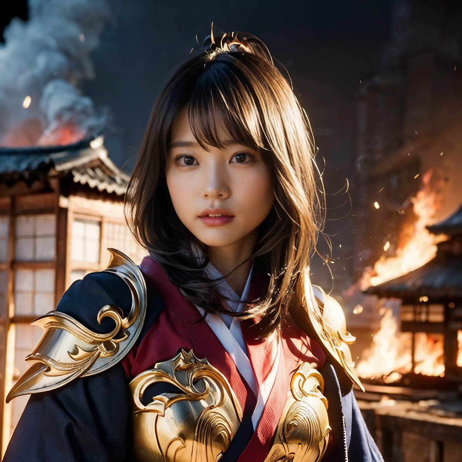 (((Realistic, masterpiece, best quality, crisp detail, high definition, high detail, sharp focus, perfect studio lightning))), 20 years old assassin, kasumi arimura, wearing (((fully decorated golden armor, armored kimono))), dirty, sweating, blood scattered, bloodbath, carnage, fire everywhere, smoke everywhere, blood everywhere, death everywhere, japan bakumatsu period, (((dead bodies,carcass, ,fire,smoke,burned japanese castle village,hell) traditional village background)