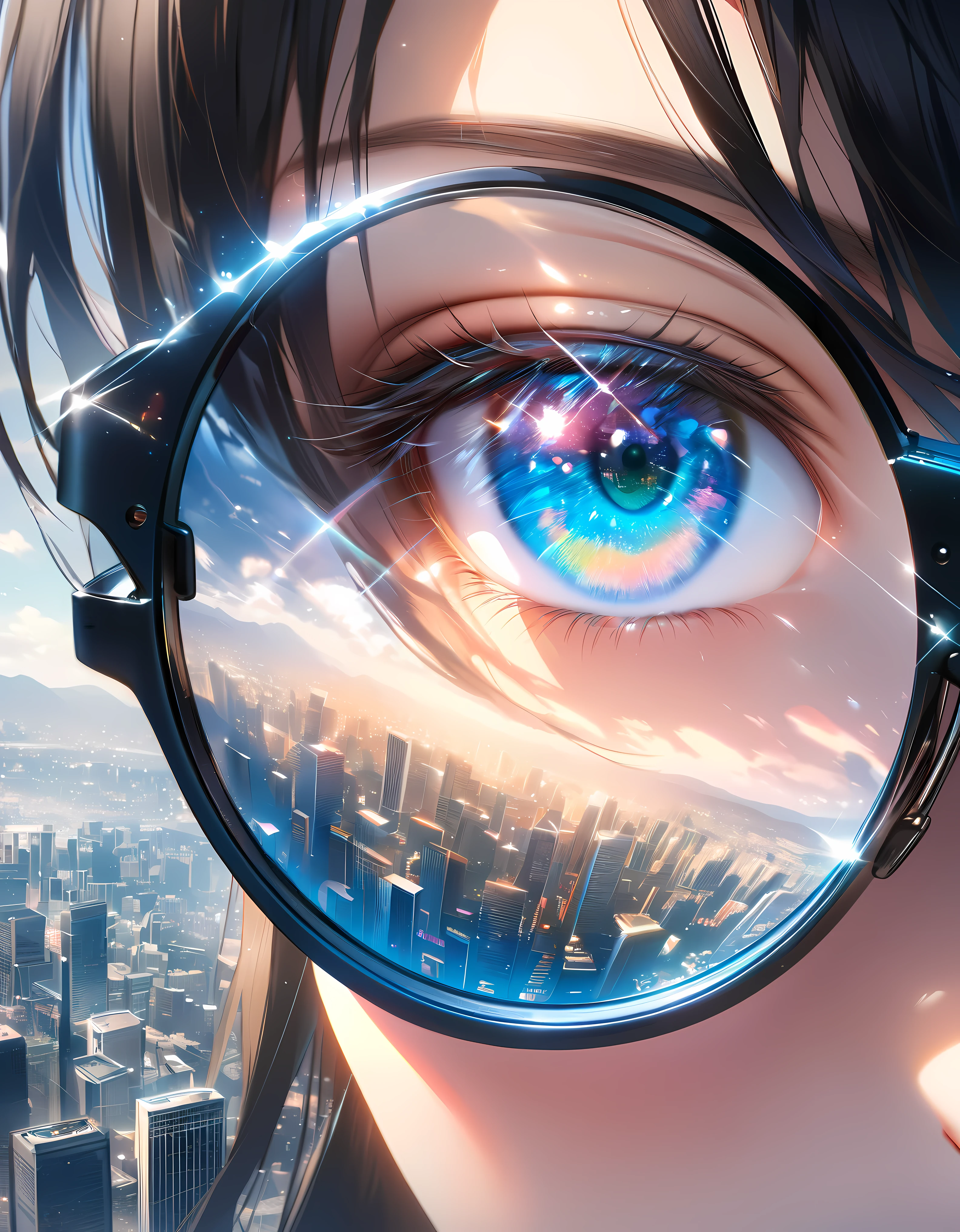 Award winning Anime illustration of a macro shot at female glasses lens, close up view of the glasses lens that the reflection in her glasses visible, ((reflection of a city landscape in her glasses lens):1.5),sparkling and mesmerizing glasses lens. | Rendered in ultra-high definition with UHD and retina quality, this masterpiece ensures anatomical correctness and textured skin with super detail. With a focus on high quality and accuracy, this award-winning portrayal captures every nuance in stunning 16k resolution, immersing viewers in its lifelike depiction. Avoid extreme angles or exaggerated expressions to maintain realism. ((perfect_composition, perfect_design, perfect_layout, perfect_detail, ultra_detailed)), ((enhance_all, fix_everything)), More Detail, Enhance.