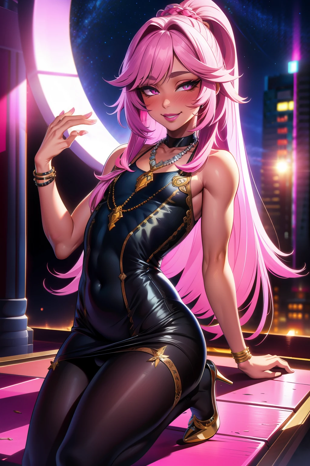 (extremely detailed CG unity 4k wallpaper),(masterpiece),(best quality),(ultra-detailed),(best illustration),(best shadow),(absurdres),(detailed background), CFemboy, bulge, Fully clothed, SFW, High heels, Sun dress, flat chest, Very long hair, pale skin, Pink hair, blushing, shy, black eyeliner, pink eyeshadow, pink lipstick, pink nails, necklace, shy smile, night club background, ,