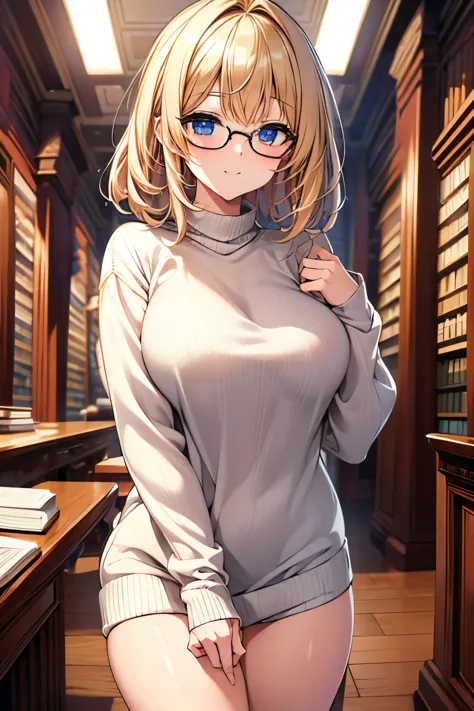 (masterpiece),(best quality), Glasses, something sweet, See-through hands, grab breasts, (Awkward),sweater, In the library,