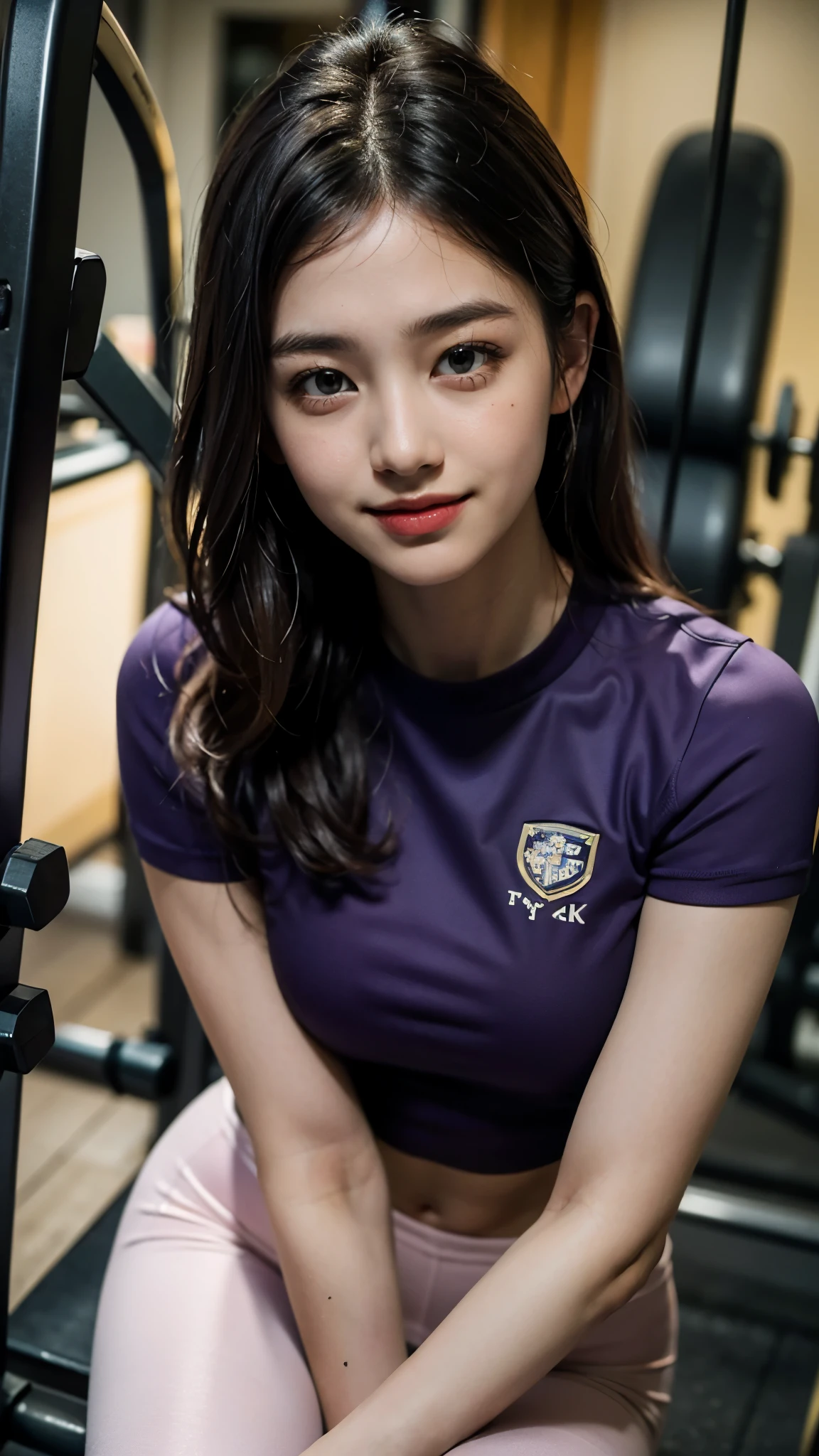 Slender Korean girl, 22 years girl, kpop idol, ((gym uniform with purple t-shirt and pink pant)), ((top quality, 8k, masterpiece: 1.3)), crisp focus: 1.2, beautiful woman with perfect figure: 1.4, highly detailed face and skin texture, detailed eyes, ((skinny)), beautiful face, symmetrical face, full-length, doing workouts in gym in sitting position, Sweet smile, (smile: 1.2)