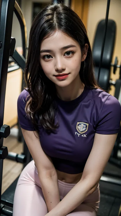 Slender Korean girl, 22 years girl, kpop idol, ((gym uniform with purple t-shirt and pink pant)), ((top quality, 8k, masterpiece...
