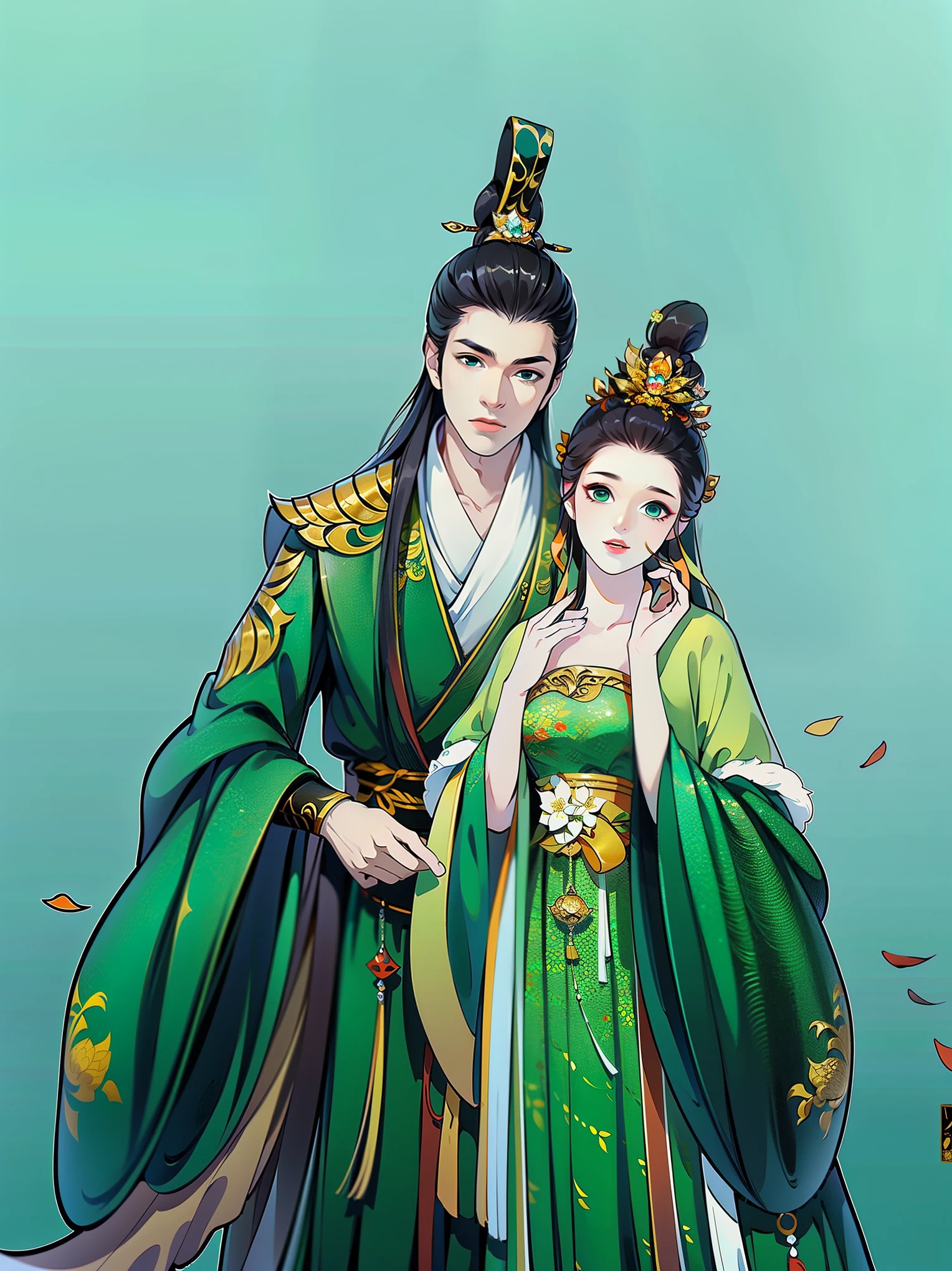 （masterpiece，super detailed，HD details，highly detailed art）1 male 1 female，Half body，xianxia，green，elegant，Highly detailed character designs from East Asia，Game character costume design，Simple，ultra high resolution, sharp focus, epic work, masterpiece, (Very detailed CG unified 8k wallpaper)，pretty face，beautiful eyes，HD details