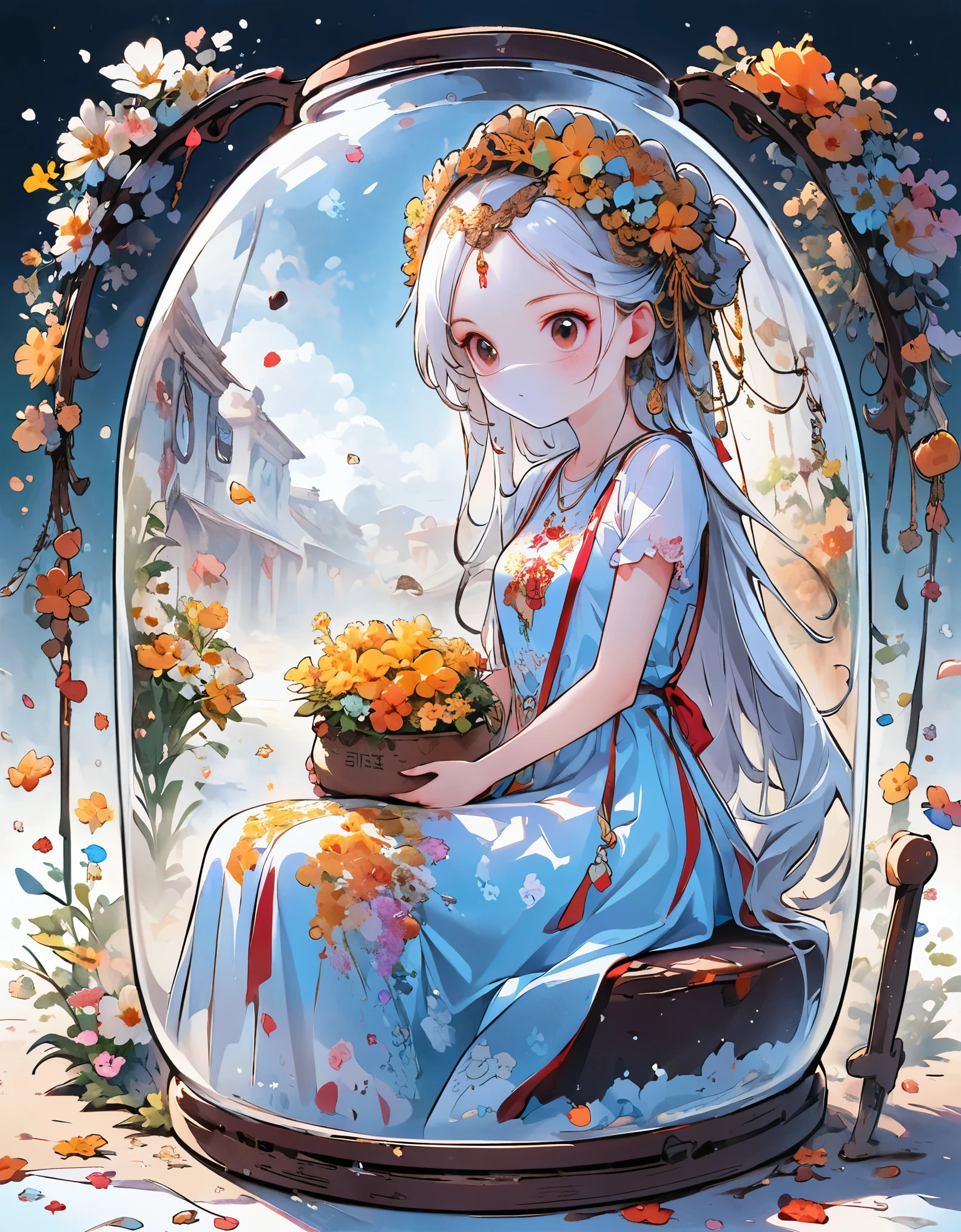 (masterpiece), (best quality), illustration, ultra detailed, hdr, Depth of field, (colorful), loli,(flowers background:1.45),(transparent background:1.3)(an extremely delicate and beautiful girl inside of glass jar:1.2), (glass jar:1.35),(solo:1.2), (full body), (beautiful detailed eyes, beautiful detailed face:1.3), (sitting ), (very long silky hair, float white hair:1.15), (medium_breasts, tally and skinny:1.2), (Colorful dress:1.3), (extremely detailed lace:0.3), (insanely detailed frills:0.3),(hairband , orange hair_ornament:1.25),orange cans,water surface,full body,(bottle filled with orange water,bottle filled with Fanta:1.25), (many fruits in jar, many Sliced_fruits in jar:1.25), (many bubbles:1.25),