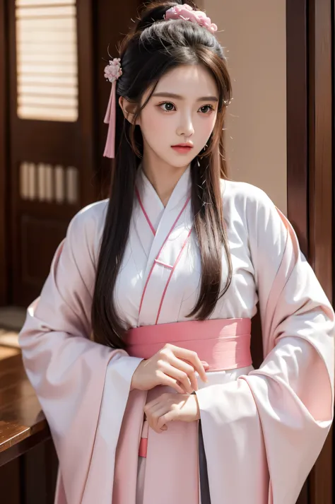 fair, masterpiece, best quality, extremely detailed face,1 girl, alone，wrap your chest，pink hanfu