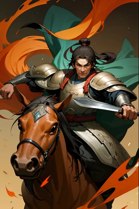 A man in armor rides a horse，hand knife, bo feng, heroes of the three kingdoms,, , Inspired by Zhu Derun, Inspired by Wu Bin, fe...