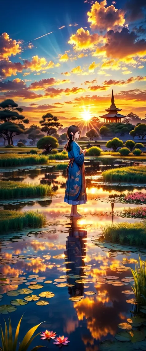Girl standing by the pond on the grass at sunset, under the beautiful sunset.The breeze blows Buddha.The reflection in the pond ...