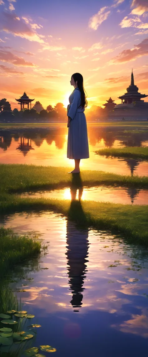 Girl standing by the pond on the grass at sunset, under the beautiful sunset.The breeze blows Buddha.The reflection in the pond ...