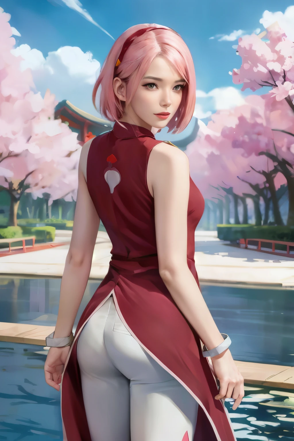 
Sakura Uchiha. eine Frau stand und sah zurück. in einem Park. sie trug einen herzroten Cheongsam. das ärmellose. und rosa Hose. Er trägt auch Armbänder an beiden Händen. Sie hat kurze rosa Haare. Sie sieht so schön und realistisch aus