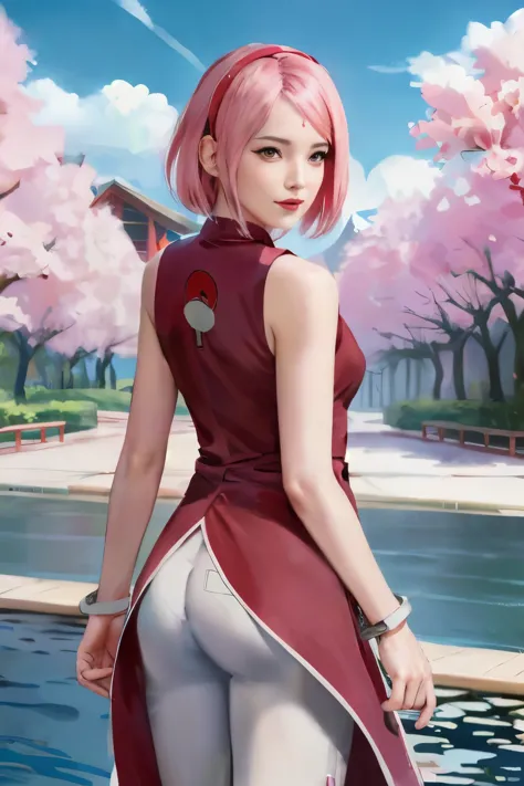 sakura uchiha. a woman was standing and looking back. in a park. she was seen wearing a heart red cheongsam. the sleeveless one....