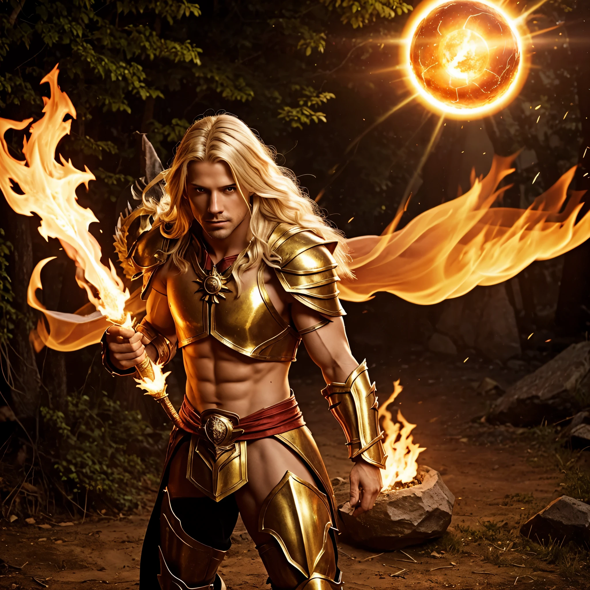 medieval fantasy, male mage male, blonde long hair, revealing sexy white red golden armor, eye contact, fire magic spell, flames, sun symbols, armor, bare skin, bare chest, armor, muscular, sixpack, battle stance, fire background, flames, fighting, wielding sword, orb of fire, orb of sunlight, daylight, outdoors, cinematic lighting, detailed face