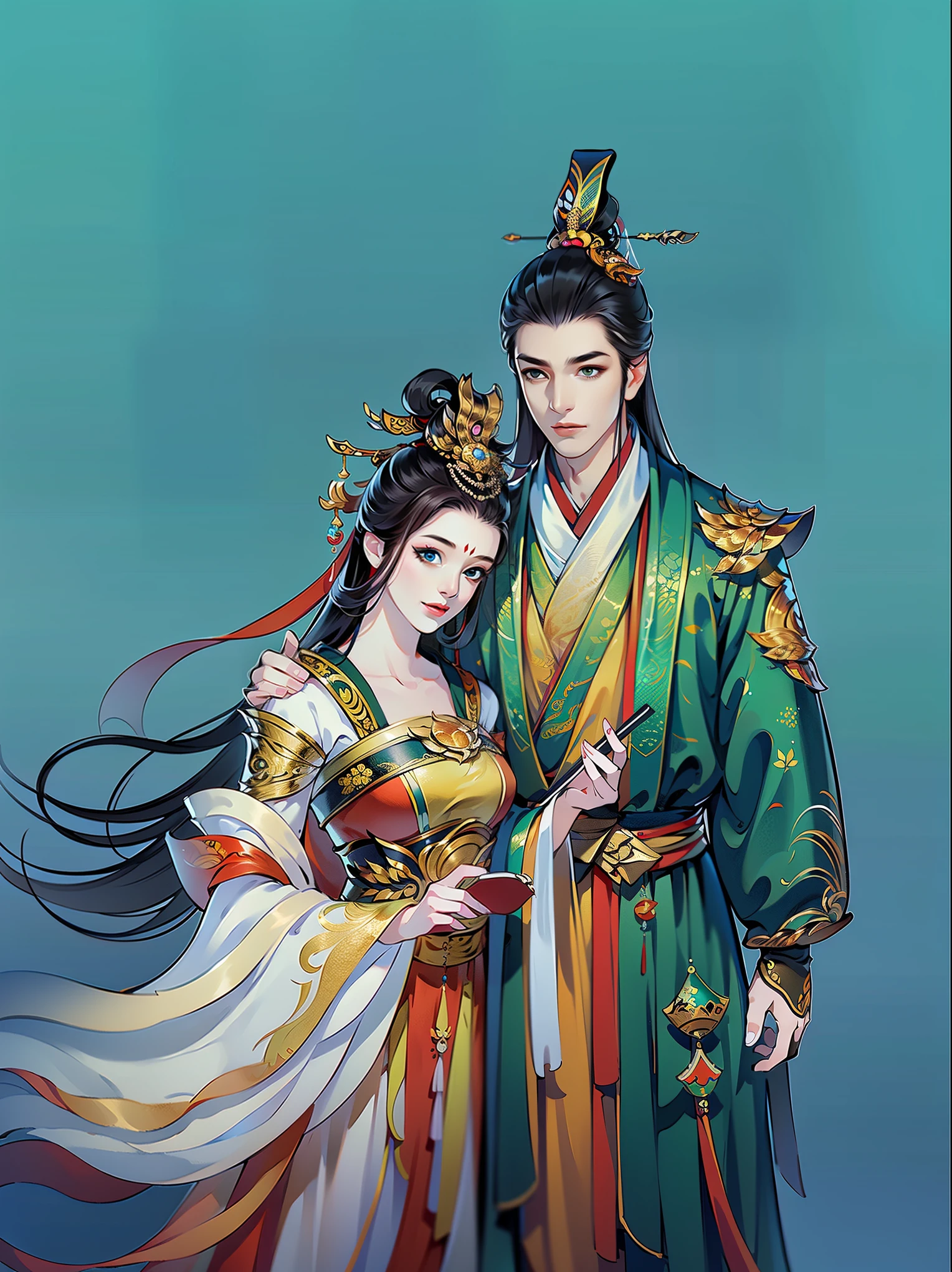 （masterpiece，super detailed，HD details，highly detailed art）1 male 1 female, Half body，xianxia，elegant，Highly detailed character designs from East Asia，Game character costume design，Simple，ultra high resolution, sharp focus, epic work, masterpiece, (Very detailed CG unified 8k wallpaper)，pretty face，beautiful eyes，HD details
