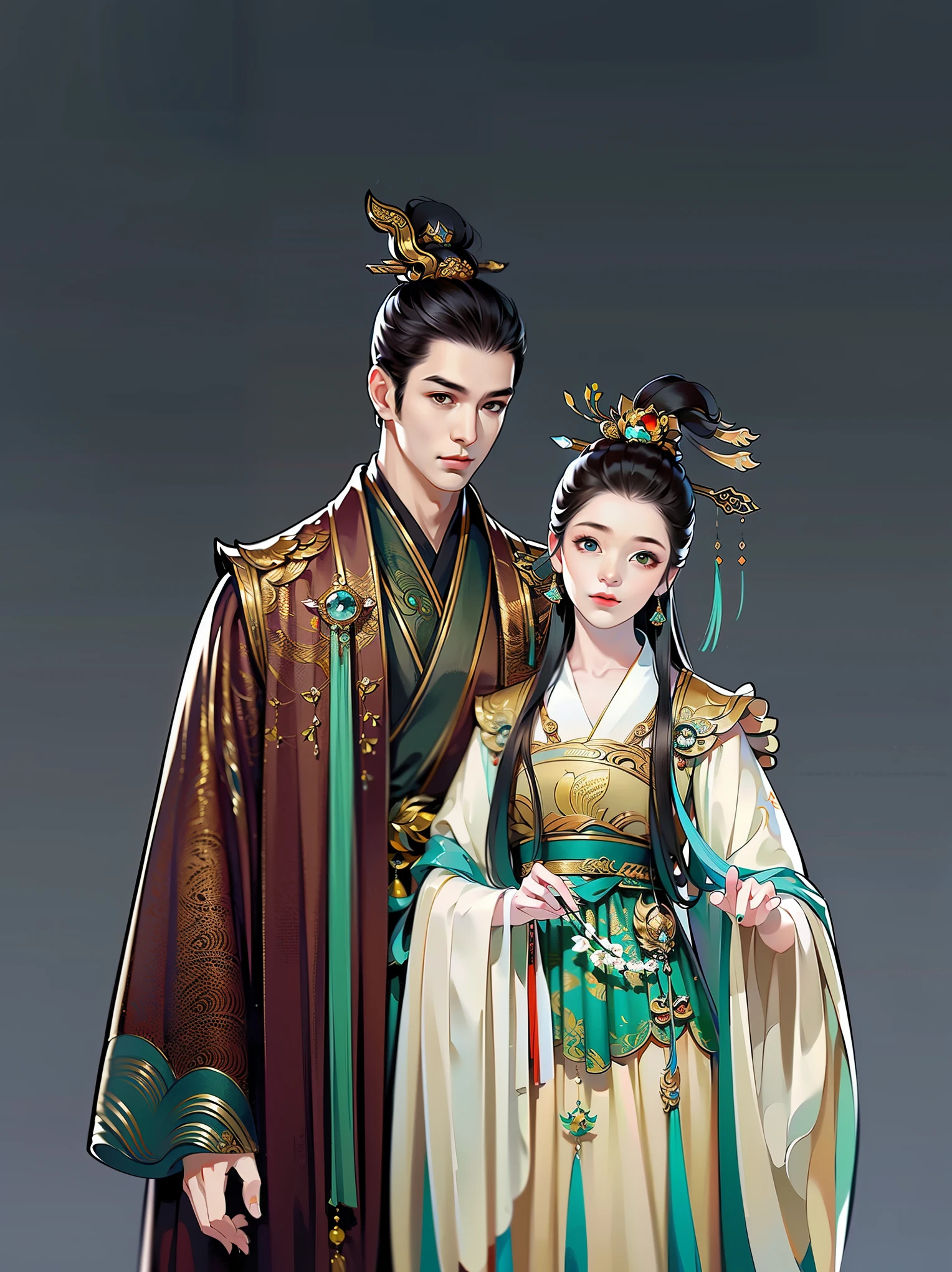 （masterpiece，super detailed，HD details，highly detailed art）1 male 1 female, Half body，xianxia，elegant，Highly detailed character designs from East Asia，Game character costume design，Simple，ultra high resolution, sharp focus, epic work, masterpiece, (Very detailed CG unified 8k wallpaper)，pretty face，beautiful eyes，HD details