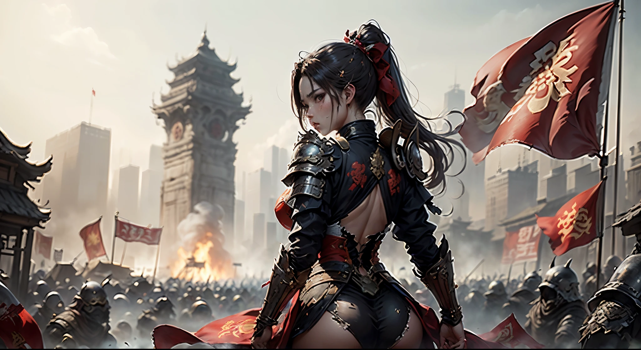 （(壮大な構成，中国の古代戦場，鎧を着た女性がぼろぼろになった赤い旗を持っている，いたるところに死体，豊富なシーン詳細，包囲，遠くに高い城門が見える))，((8K+超高解像度+超高解像度+傑作+詳細)),(ハイポニーテール)