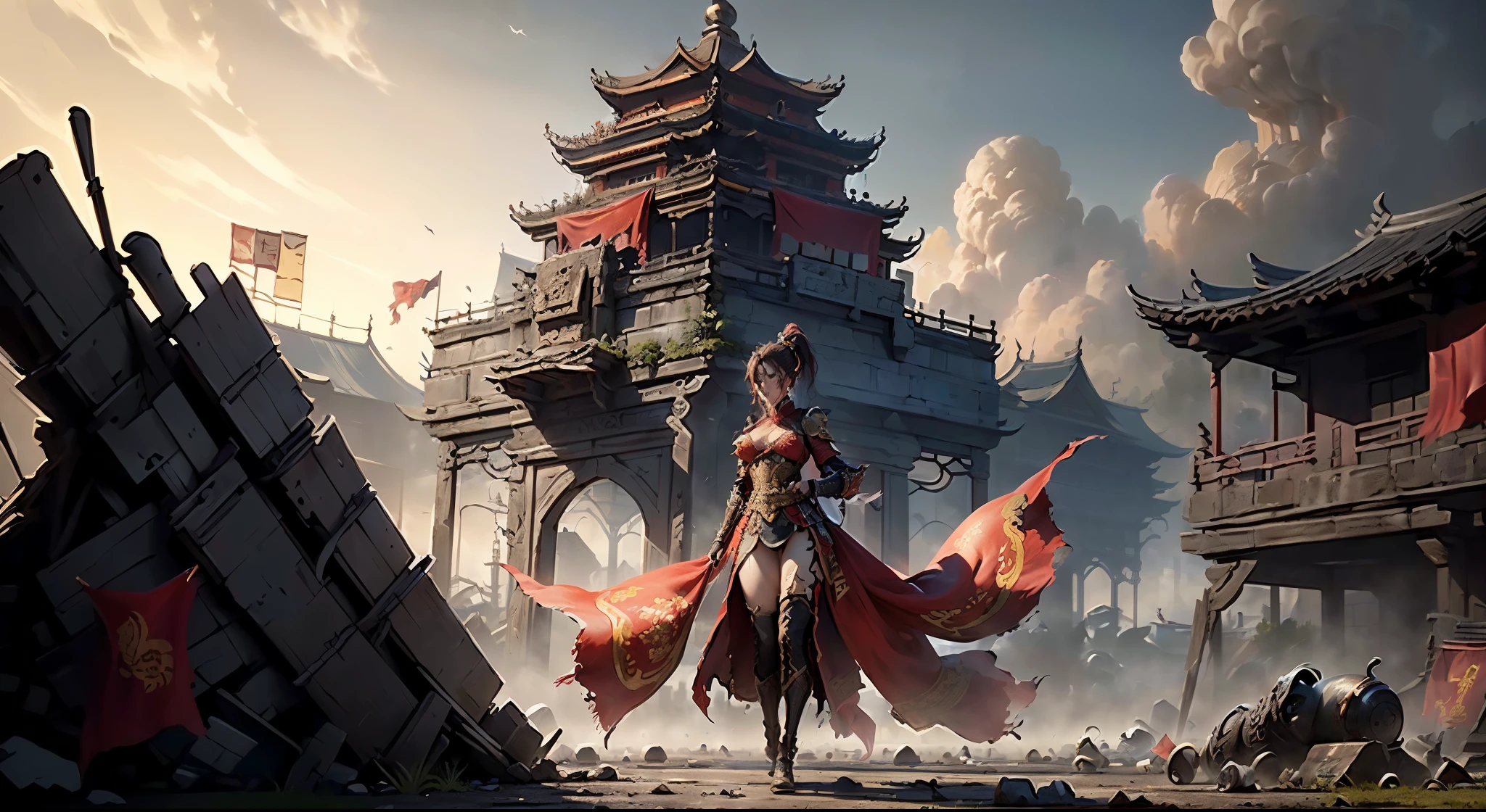((壮大な構成，中国の古代戦場，鎧を着た女性がぼろぼろになった赤い旗を持っている，いたるところに死体，豊富なシーン詳細，包囲，遠くに高い城門が見える))，((8K+超高解像度+超高解像度+傑作+詳細)),(ハイポニーテール)