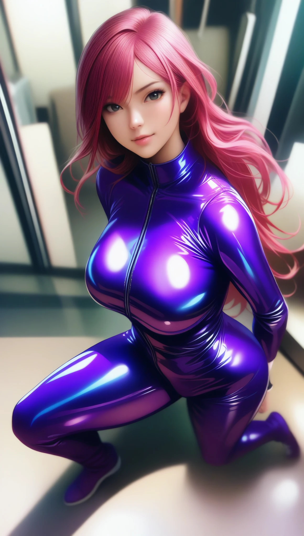 photo, photorealistic, (masterpiece, best quality:1.2), Beautiful woman wearing a glossy enamel jumpsuit, giga_busty