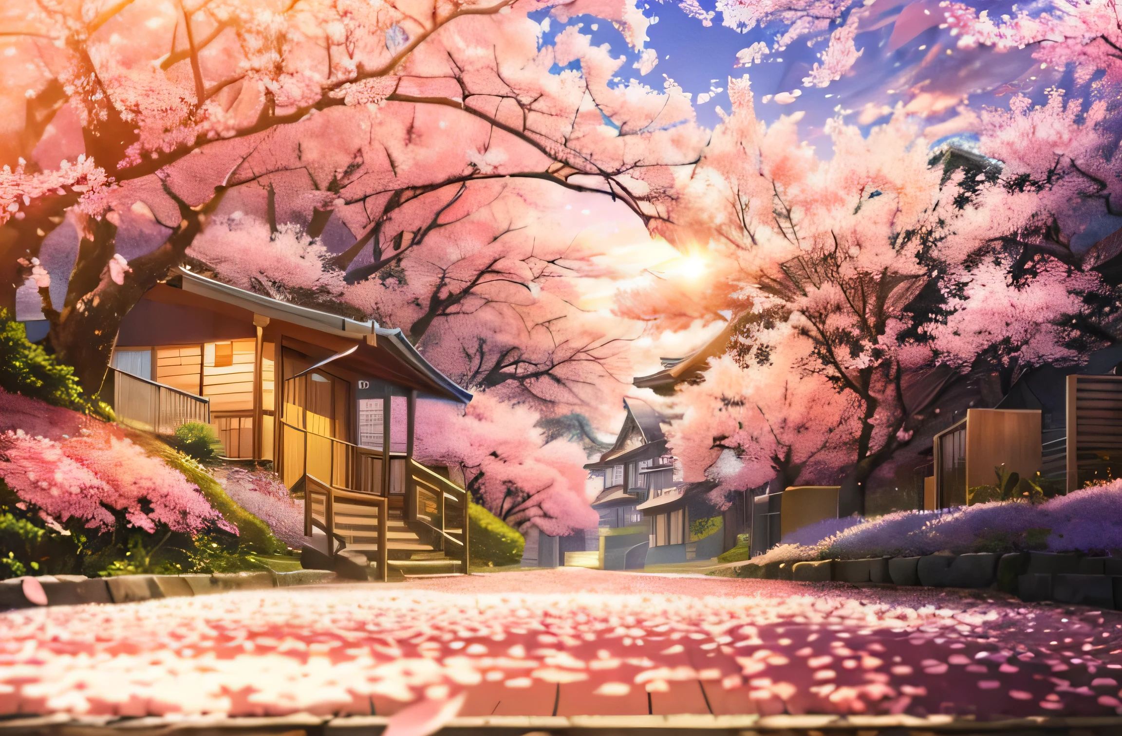 A picture taken from a video game of a street with cherry blossom - SeaArt  AI