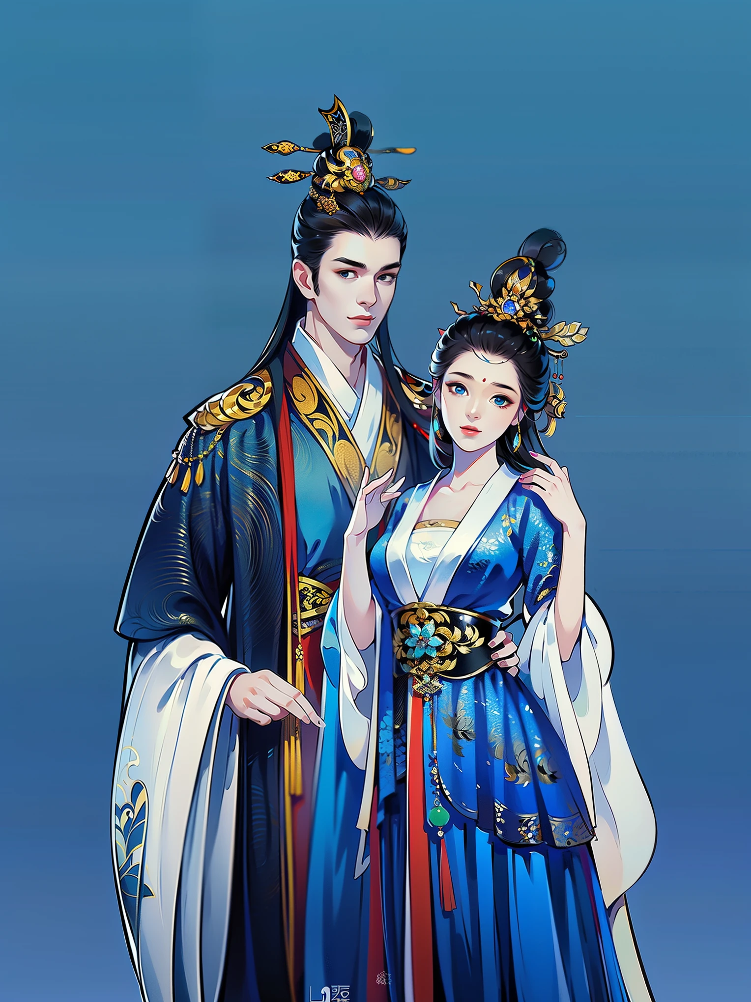 （masterpiece，super detailed，HD details，highly detailed art）1 male 1 female，Half body，xianxia，blue，elegant，Highly detailed character designs from East Asia，Game character costume design，Simple，ultra high resolution, sharp focus, epic work, masterpiece, (Very detailed CG unified 8k wallpaper)，pretty face，beautiful eyes，HD details