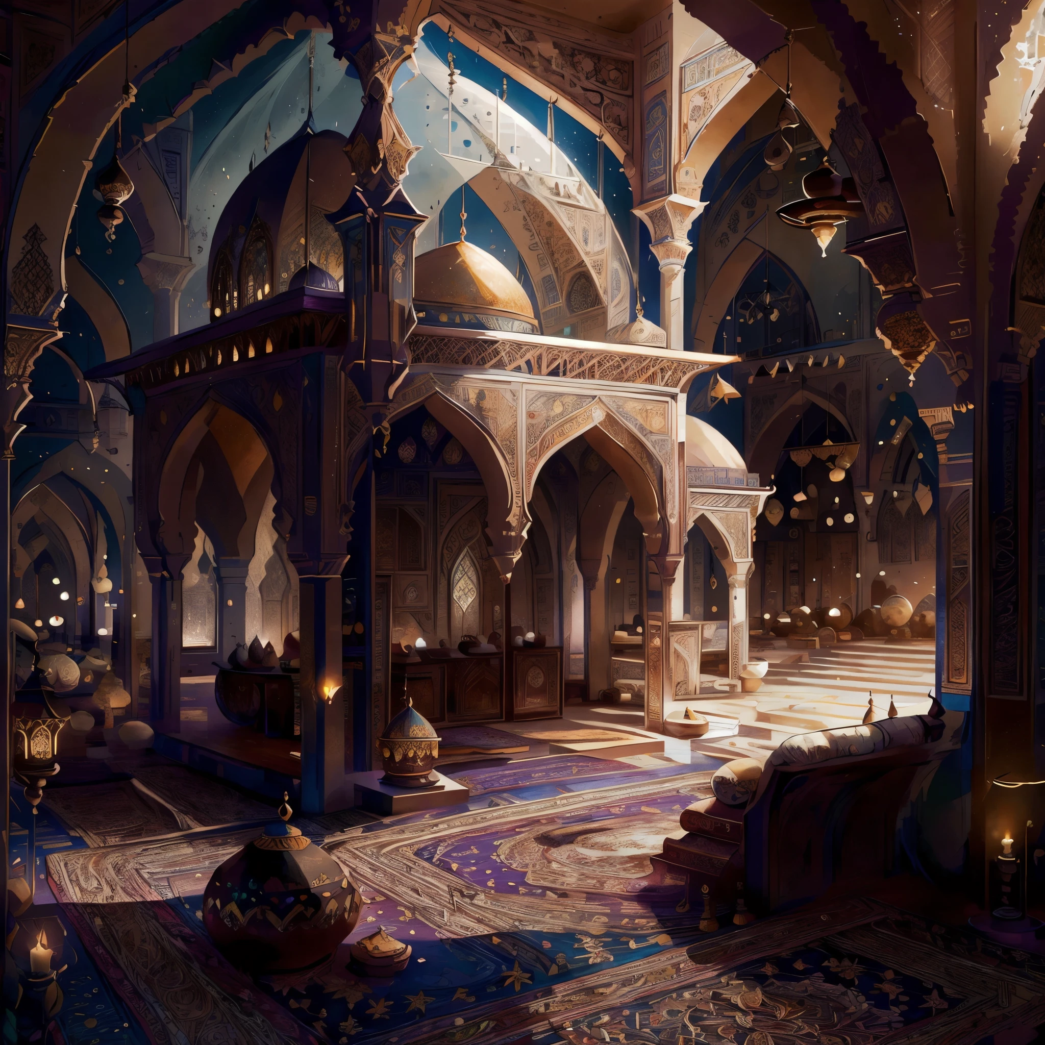 crescent moon, mosque, islamic patterns, high detail, Expressionism, Realism, sparkle, depth of field, cinematic lighting, backlighting, ray tracing, Fujicolor, ray tracing, glowing light, high quality, super detail, best quality, masterpiece, anatomically correct, textured skin, 16k