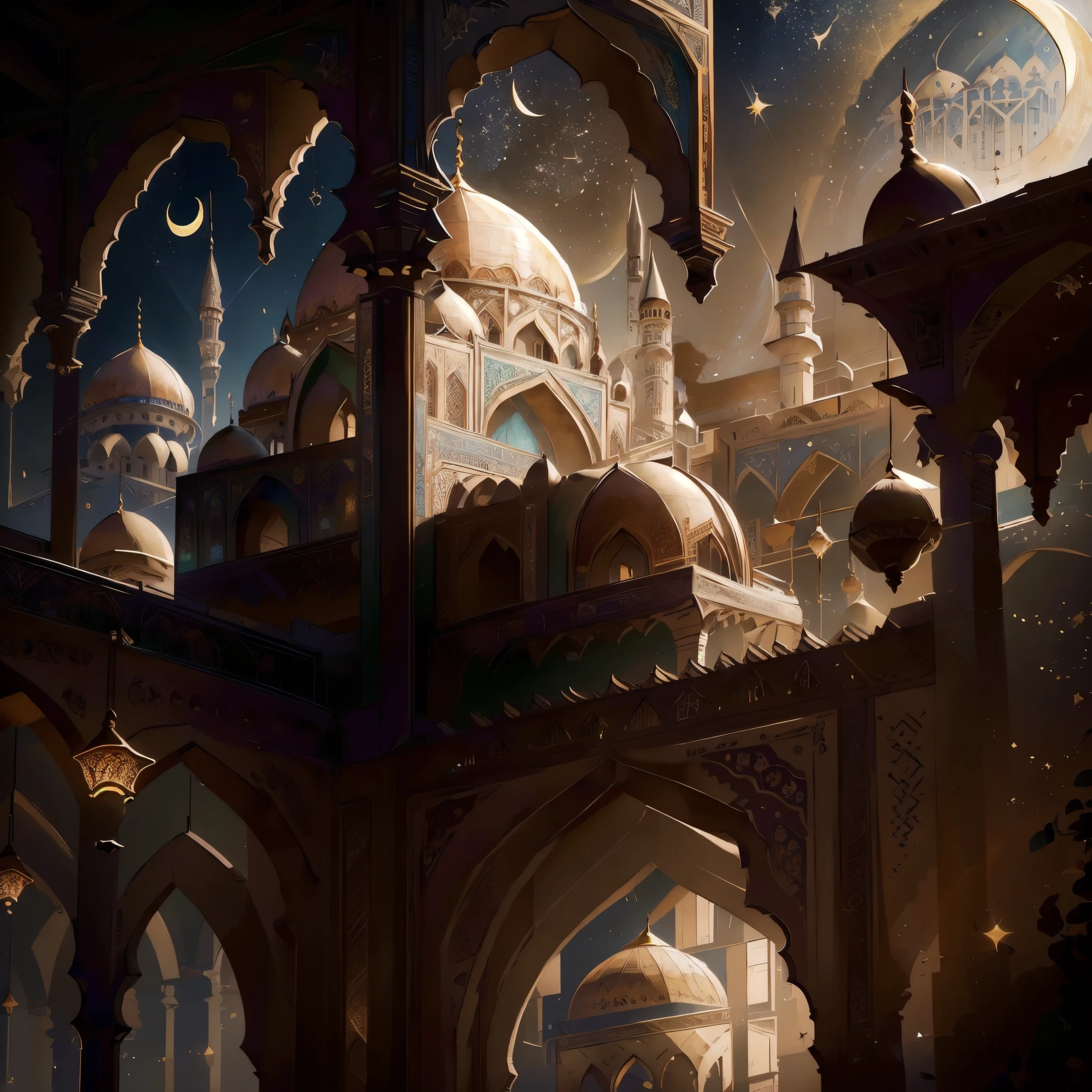 crescent moon, mosque, islamic patterns, high detail, Expressionism, Realism, sparkle, depth of field, cinematic lighting, backlighting, ray tracing, Fujicolor, ray tracing, glowing light, high quality, super detail, best quality, masterpiece, anatomically correct, textured skin, 16k