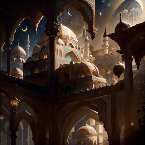 crescent moon, mosque, islamic patterns, high detail, Expressionism, Realism, sparkle, depth of field, cinematic lighting, backl...
