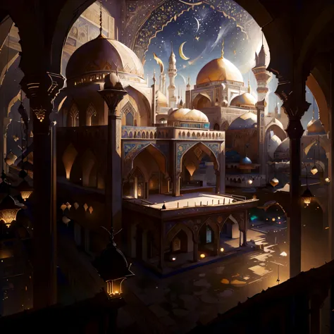 crescent moon, mosque, islamic patterns, high detail, Expressionism, Realism, sparkle, depth of field, cinematic lighting, backl...