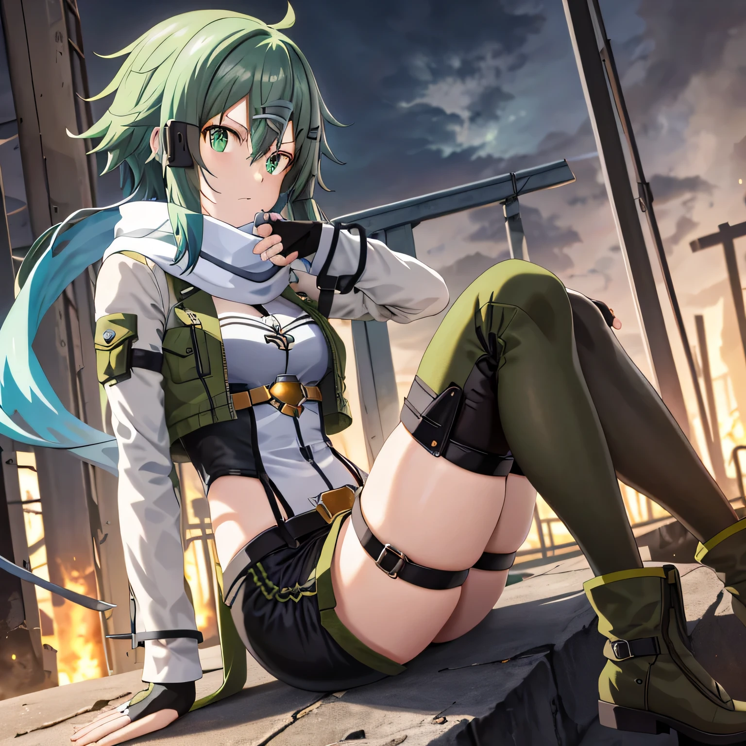 masterpiece, highest quality, High resolution, 1 girl, sinon 1, scarf, fingerless gloves, long sleeve, short black shorts,light blue hair, hair ornaments, hair clip, green knee socks, green jacket, thigh strap, cowboy shot, Remains, sitting, (Sword Art Online), HDR, urban, rooftop, collapsed building, war, Catastrophe, disaster, Severe, cold, shining eyes, superpower, concentrateding, concentrated