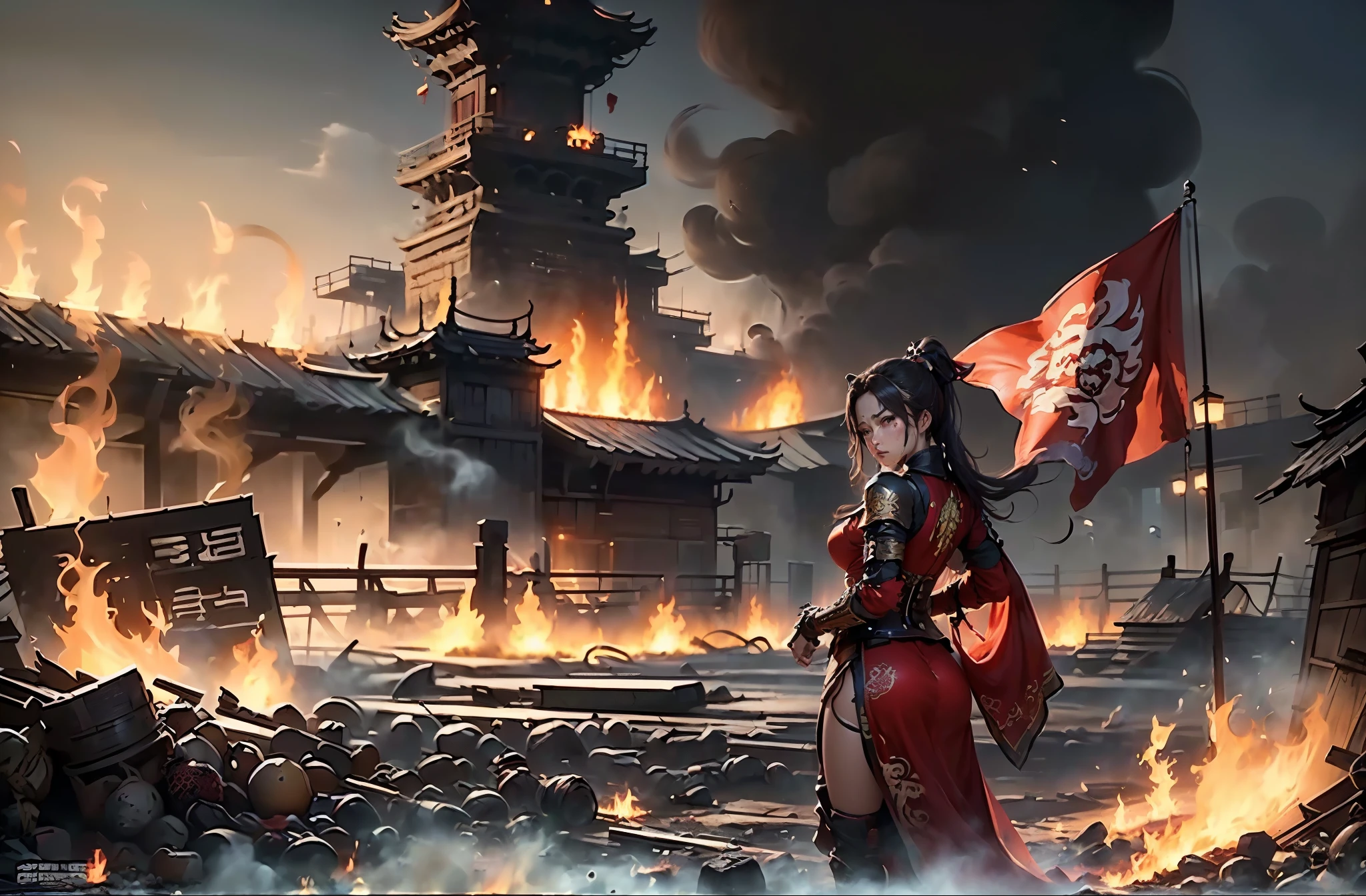 ((epic composition，Ancient battlefield of China，A woman in armor and a high ponytail holds a tattered red flag，Corpses everywhere，Rich scene details，siege，Smoke was everywhere，In the distance is the tall city gate，The flames illuminate the sky red，))，((8k+ultra high resolution+ultra high definition+masterpiece+detailed)),