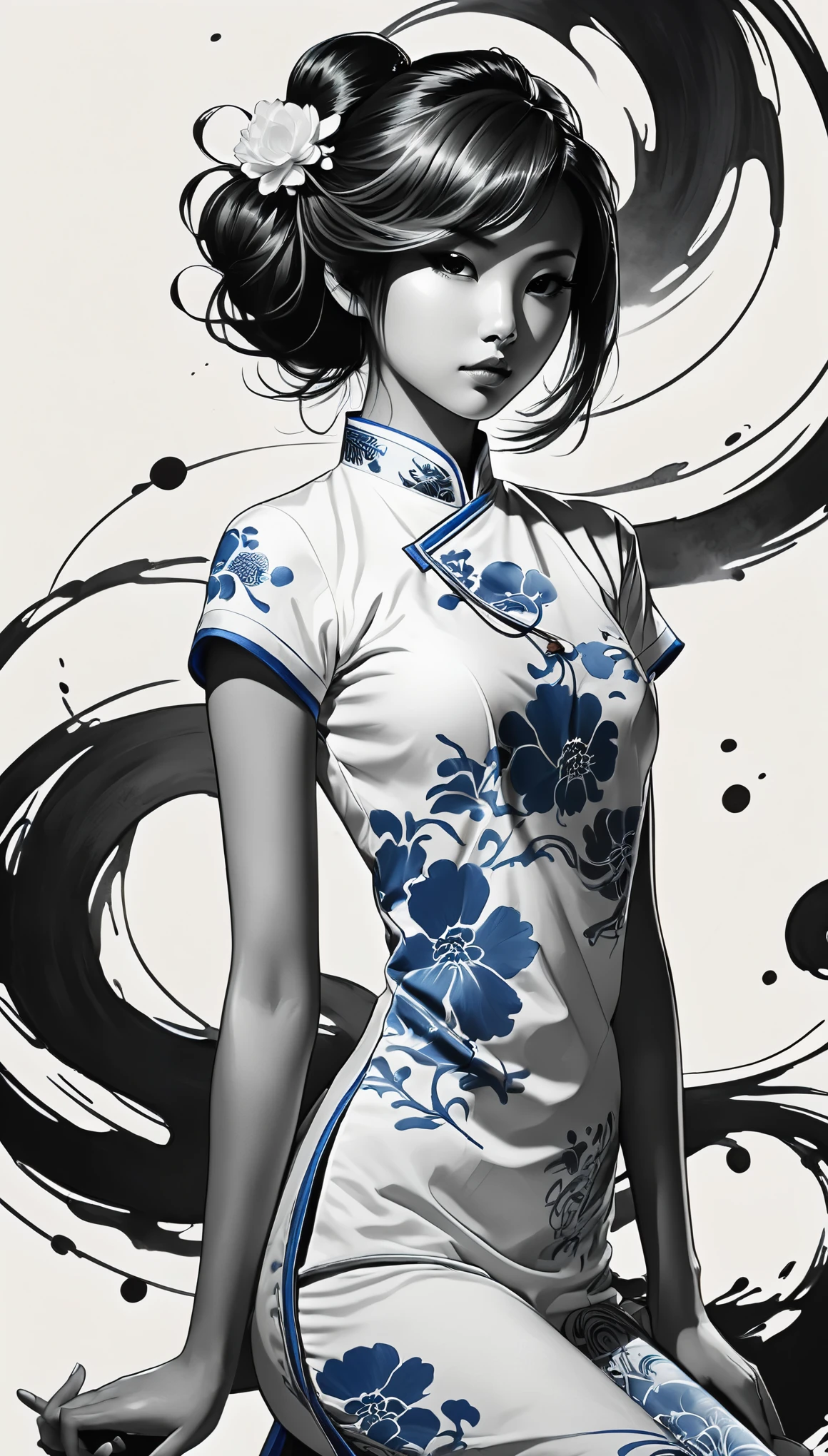 (Pencil_Sketch:1.2, messy lines, greyscale, traditional media, sketch),a girl, streaked hair, streaked hair, Blue and white porcelain cheongsam, Black and white yin yang tai chi background, gangster girl, backlight, Deep shadows, cat silhouette light, Cat squats on girl‘s shoulder, Charming suit cheongsam design, minimalist style, Tai Chi, Yin Yang style, Ink splash style background., chiaroscuro, glowing light, backlighting, motion lines, Carl Larsson, UHD, anatomically correct, masterpiece, retina, UHD, masterpiece