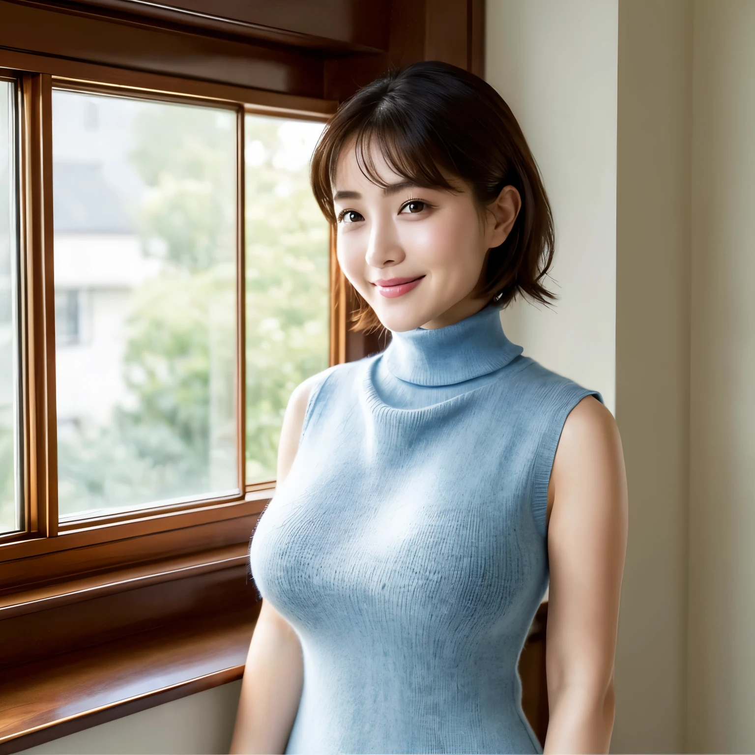 (highest quality、table top、8K、best image quality、Award-winning work)、1 woman、(Perfect sleeveless turtleneck knit sweater dress in random colors:1.3)、(short hair:1.1)、(baby face:1.2)、the biggest smile looking at me、(big breasts:1.8)、perfect fit、(emphasize body line:1.2)、low length、(glamorous body:1.2)、(chubby body type:1.2)、Stand gracefully by the elegant and beautiful window.、(standing elegantly:1.2)、(elegant and beautiful curtains:1.1)、(A perfectly organized and beautiful window in a new house:1.1)、refreshing window、(A refreshing view from the window:1.1)、new and beautiful walls、natural makeup、Ultra high definition beauty face、ultra high definition hair、Super high-definition sparkling eyes、(Super high resolution glossy skin:1.1)、Super high resolution glossy lips、(accurate anatomy:1.1)、(very bright and vivid:1.3)、(Beautiful skin that shines brightly:1.3)