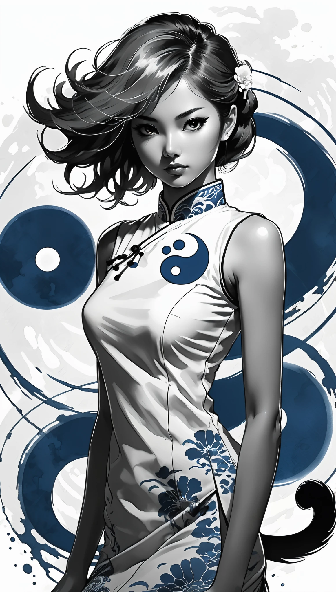 (Pencil_Sketch:1.2, messy lines, greyscale, traditional media, sketch),a girl, flesh red eyes,streaked hair, streaked hair, Blue and white porcelain cheongsam, Black and white yin yang tai chi background, gangster girl, backlight, Deep shadows, cat silhouette light, Cat squats on girl‘s shoulder, Charming suit cheongsam design, minimalist style, Tai Chi, Yin Yang style, Ink splash style background., chiaroscuro, glowing light, backlighting, motion lines, Carl Larsson, UHD, anatomically correct, masterpiece, retina, UHD, masterpiece