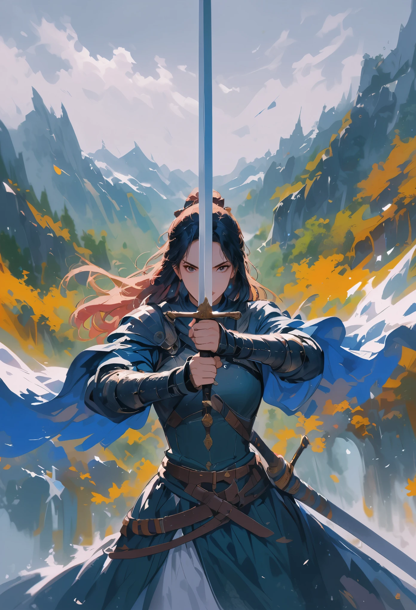 A swordman,medieval art, heroic figure,traditional costume,detailed and sharp sword, intense eyes and focused expression, dynamic pose, dramatic lighting, vibrant colors, high contrast, epic landscape background, misty atmosphere, action-packed, dynamic brushwork, oil painting style, ultra-high resolution, fine details, professional quality.