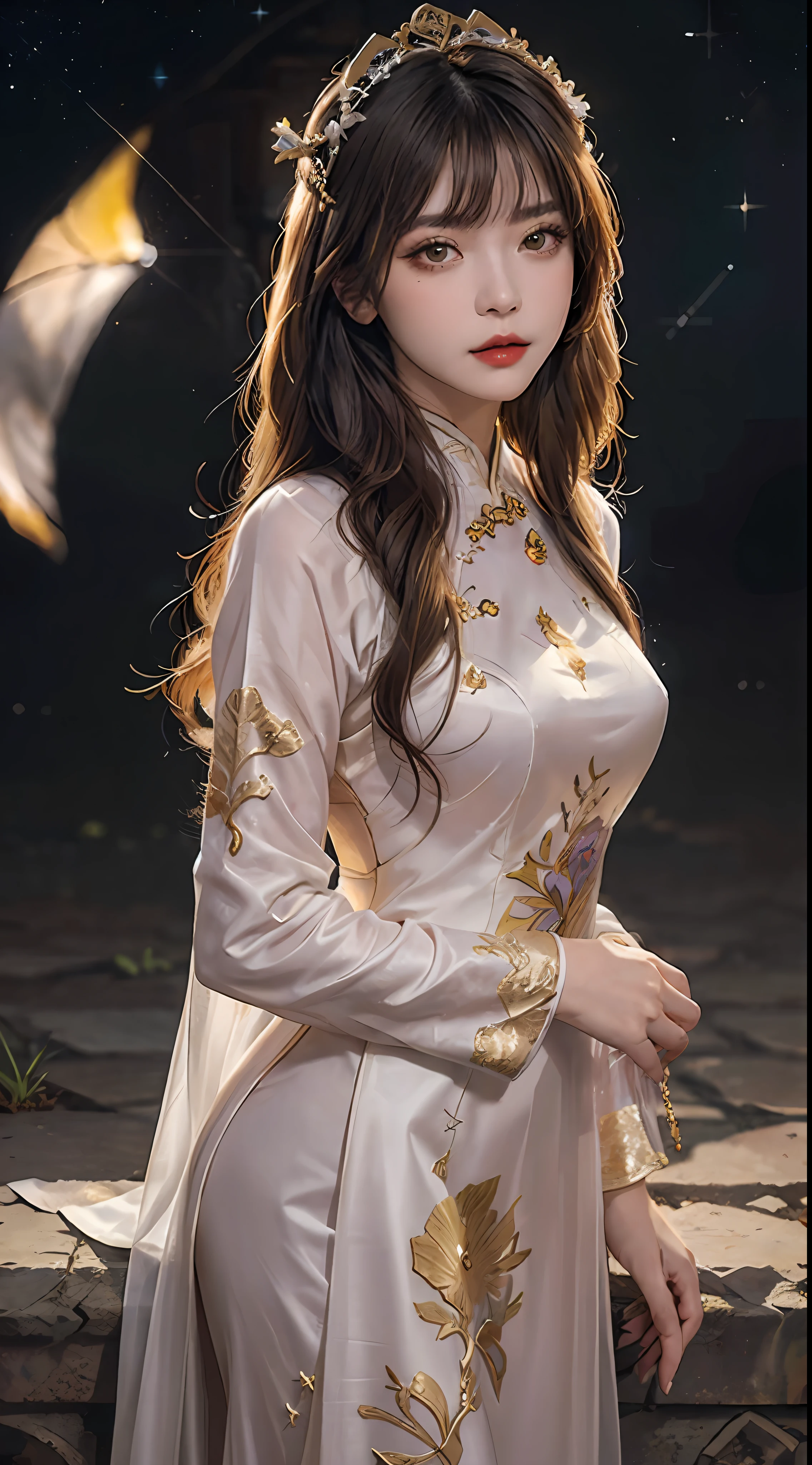 1 27歲女孩, 1 十二生肖 goddess from the future, goddess of the pink and purple 12 十二生肖s, the goddess of the 十二生肖 in a yellow ao dai, a 12 十二生肖 ao dai with many black lace detail, mythology Goddess of the 12 十二生肖s from the future, 十二生肖 ♏, luxurious glittering 十二生肖 style, 黑暗而神秘的版本, 十二生肖 crown, 口紅 嘴唇 紅色, 薄而美麗的嘴唇, 嘴閉著, 由 karol bak 和 pino daeni 製作的角色, 複雜的細節, 詳細背景, 非常詳細, 光魔法, 一个女人, 清晰的臉, 長髮瀏海, 美麗的臉龐細節和比例勻稱的眼睛, (透明的黃色眼睛: 1.8), 圓圓的大眼睛和非常漂亮細緻的妝容, 遠見, 真丝连衣裙, 神秘妝容 , 雙瀏海和染成淺金髮 , 上半身肖像, 十二生肖 goddess portrait, 手臂鬆鬆地垂著, 真實生動的照片, (stars make up the 十二生肖: 1.7), (sky background 十二生肖 and fictitious space and time portal: 1.8), 小說藝術, 原始照片, 漢服圖片, 最好的照片, 最好的照片 quality, 8K畫質, 8K 超高清, 超级逼真, 實拍最經濟, 女神姿勢性感誘人,