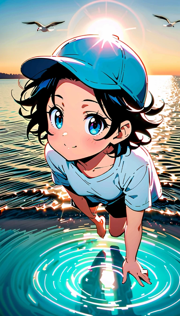 whole body，reflection，Hoshino Katsura style，Anime girl next to sparkling blue sea，Wear a white loose shirt，long eyelashes，beautiful eyes，Exquisite facial features，happy look，messy hair，Beach cap，Seagulls flying，Warm sun exposure，Professional lighting tips，Light and shadow effects
