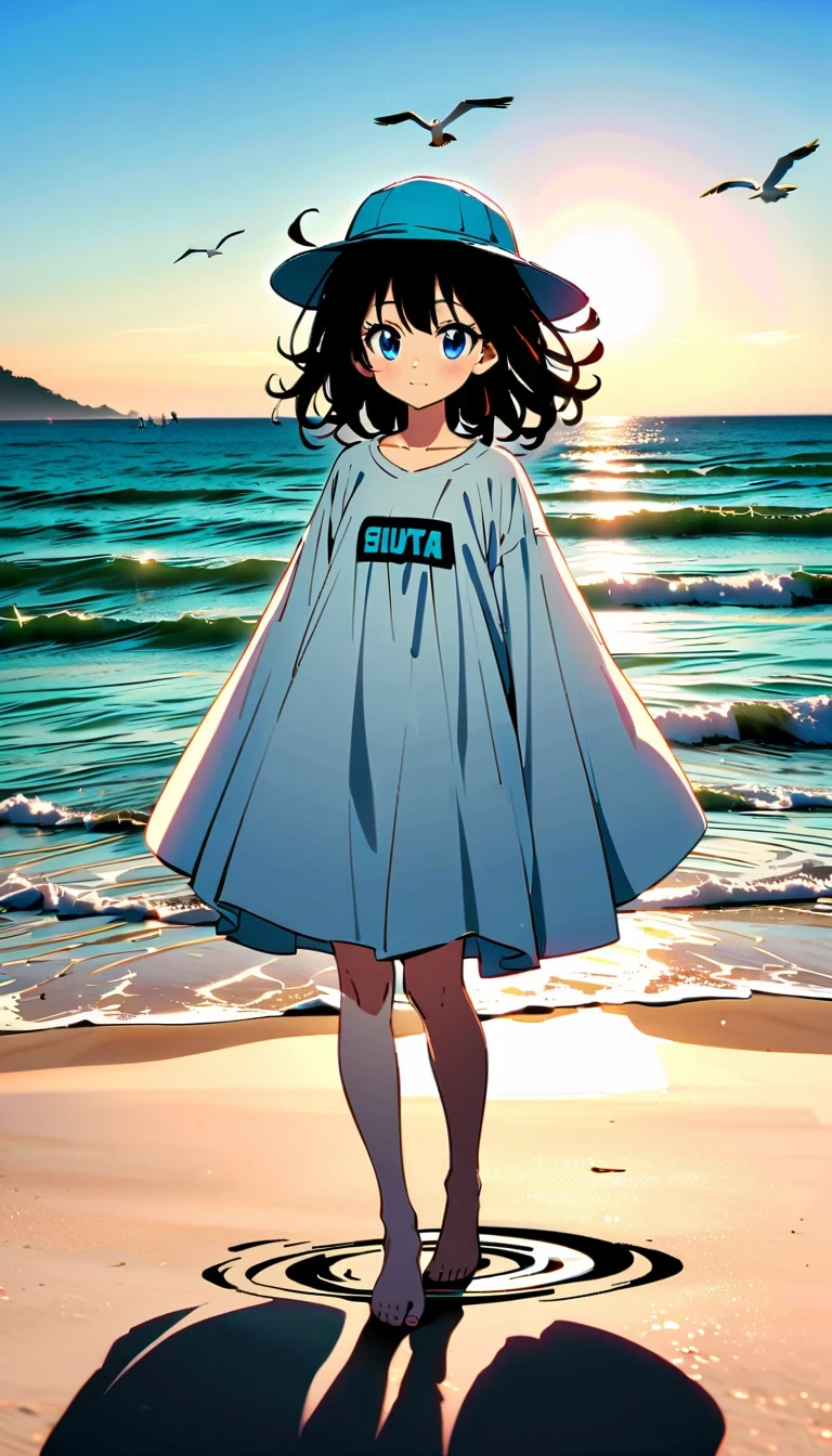 whole body，reflection，Hoshino Katsura style，Anime girl next to sparkling blue sea，Wear a white loose shirt，long eyelashes，beautiful eyes，Exquisite facial features，happy look，messy hair，Beach cap，Seagulls flying，Warm sun exposure，Professional lighting tips，Light and shadow effects
