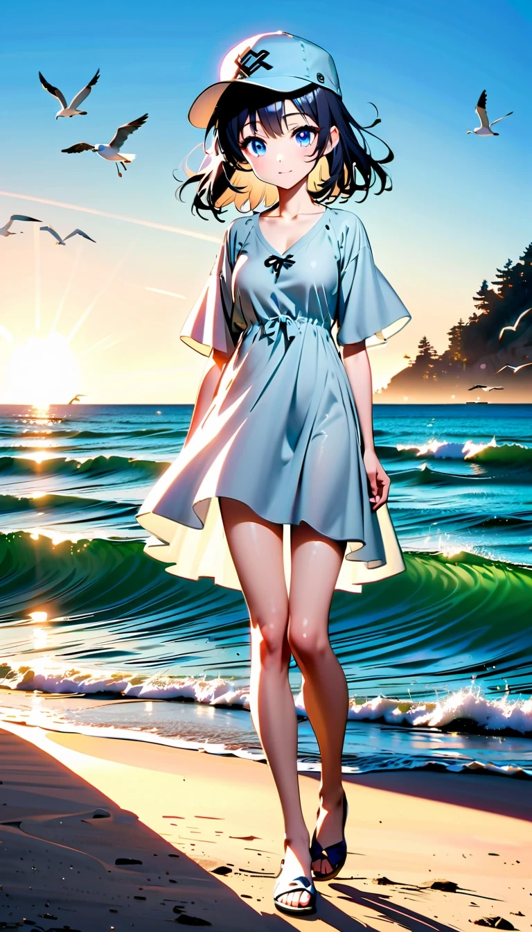 whole body，reflection，Hoshino Katsura style，Anime girl next to sparkling blue sea，Wear a white loose shirt，long eyelashes，beautiful eyes，Exquisite facial features，happy look，messy hair，Beach cap，Seagulls flying，Warm sun exposure，Professional lighting tips，Light and shadow effects
