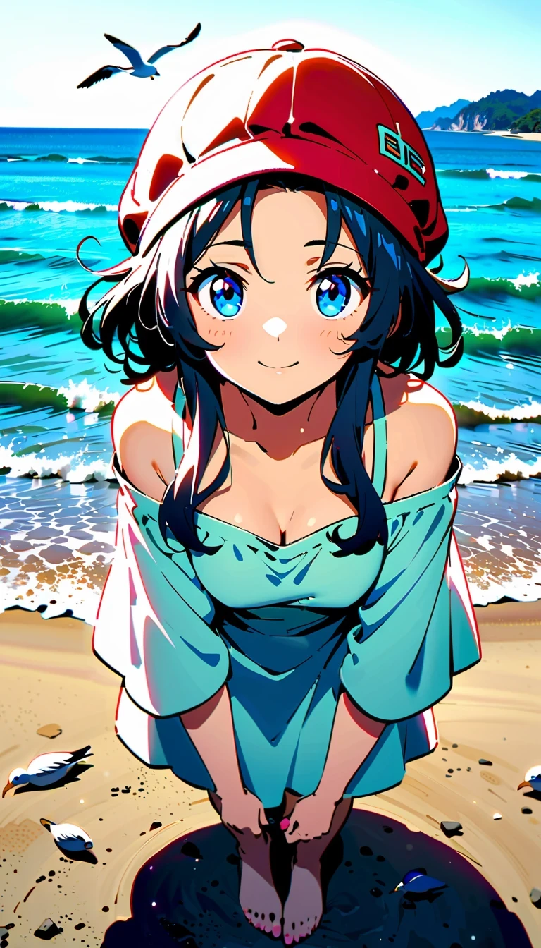 whole body，reflection，Hoshino Katsura style，Anime girl next to sparkling blue sea，Wear a white loose shirt，long eyelashes，beautiful eyes，Exquisite facial features，happy look，messy hair，Beach cap，Seagulls flying，Warm sun exposure，Professional lighting tips，Light and shadow effects
