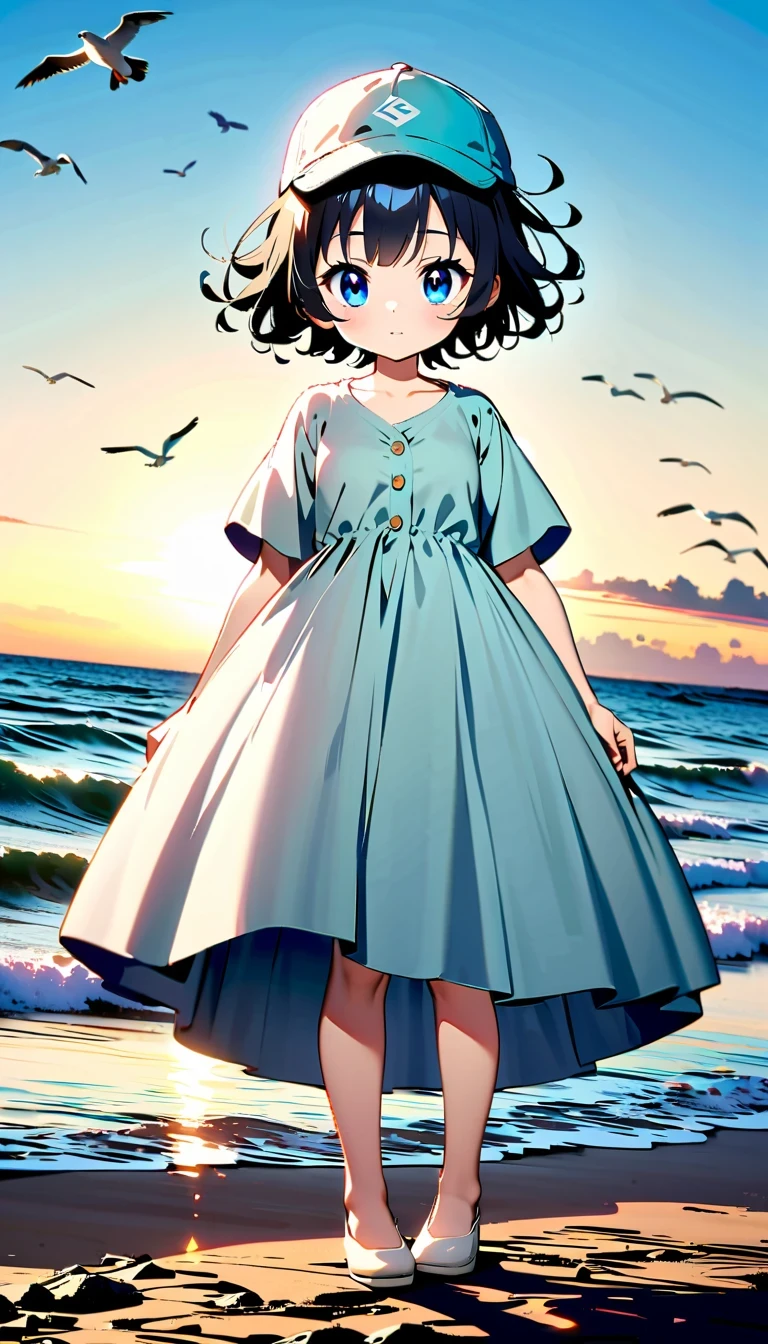 whole body，reflection，Hoshino Katsura style，Anime girl next to sparkling blue sea，Wear a white loose shirt，long eyelashes，beautiful eyes，Exquisite facial features，happy look，messy hair，Beach cap，Seagulls flying，Warm sun exposure，Professional lighting tips，Light and shadow effects
