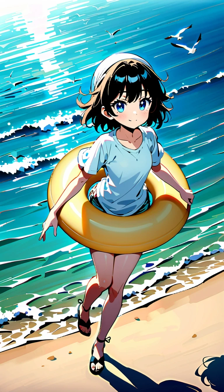 whole body，reflection，Hoshino Katsura style，Anime girl next to sparkling blue sea，Wear a white loose shirt，long eyelashes，beautiful eyes，Exquisite facial features，happy look，messy hair，Beach cap，Seagulls flying，Warm sun exposure，Professional lighting tips，Light and shadow effects
