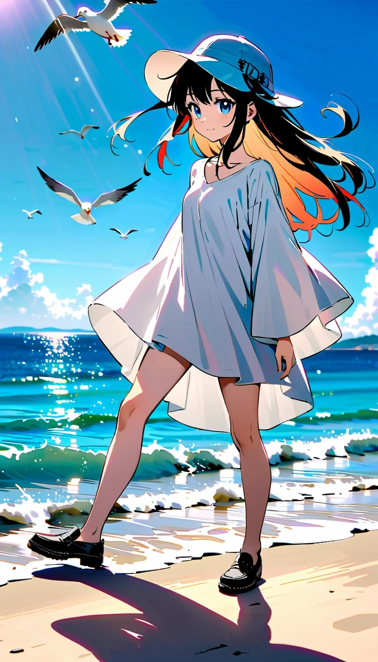 whole body，reflection，Hoshino Katsura style，Anime girl next to sparkling blue sea，Wear a white loose shirt，long eyelashes，beautiful eyes，Exquisite facial features，happy look，messy hair，Beach cap，Seagulls flying，Warm sun exposure，Professional lighting tips，Light and shadow effects
