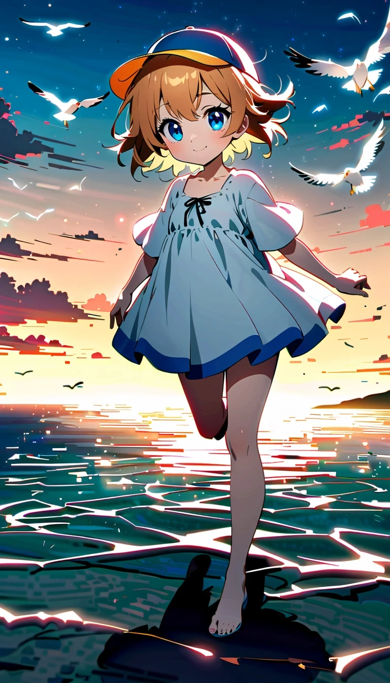 whole body，reflection，Hoshino Katsura style，Anime girl next to sparkling blue sea，Wear a white loose shirt，long eyelashes，beautiful eyes，Exquisite facial features，happy look，messy hair，Beach cap，Seagulls flying，Warm sun exposure，Professional lighting tips，Light and shadow effects
