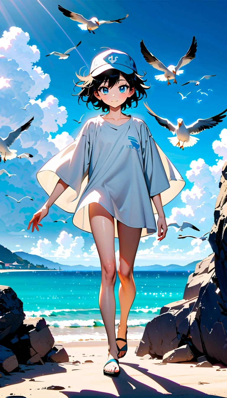 全身，反射，Hoshino Katsura style，輝く青い海の横にいるアニメの少年，白いゆったりしたシャツを着る，長いまつ毛，美しい目，絶妙な顔立ち，幸せそうな表情，ボサボサの髪，ビーチキャップ，カモメが飛んでいる，暖かい太陽の光を浴びる，プロの照明のヒント，光と影の効果
